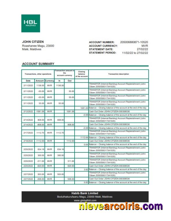 Maldives HBL bank statement